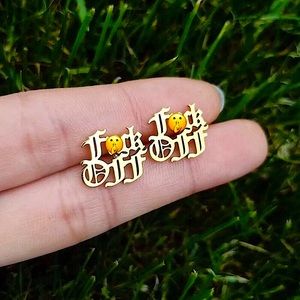 F Off gold stainless steel old english earrings